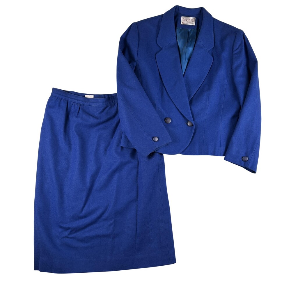 Vintage Pendleton Skirt Suit Womens 10 Petite Blue Wool 2 Piece Lined USA 80s